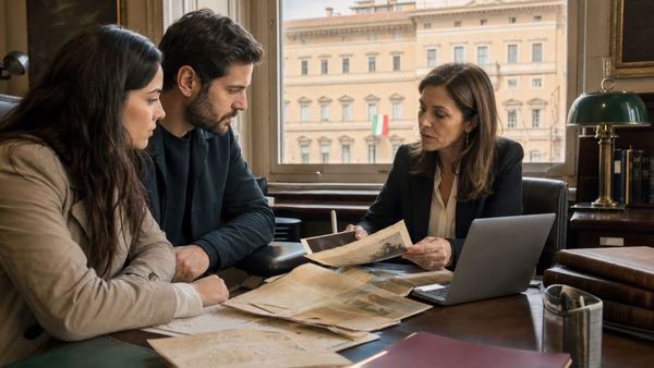 Casal brasileiro e advogada analisam documentos de cidadania diante do Parlamento italiano