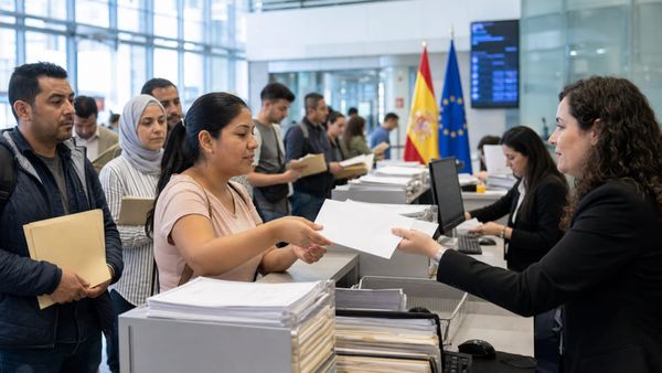 Candidata entrega documentos em uma unidade de imigração na Espanha