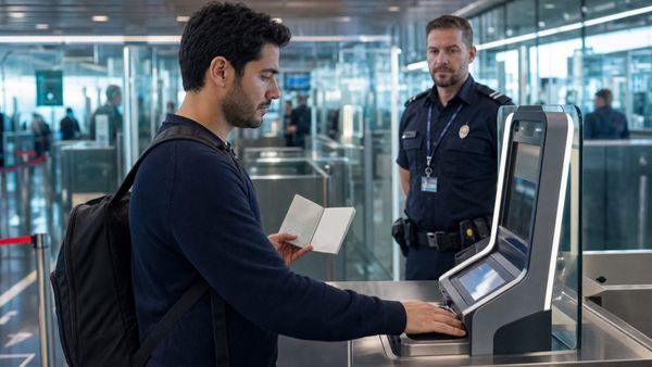 Viajante registra dados biométricos em equipamento de controle de fronteira de um aeroporto francês