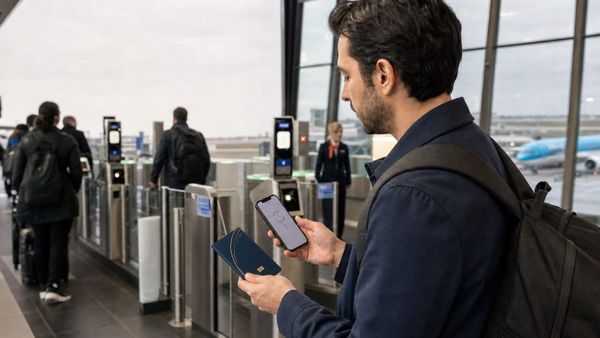 Viajante com passaporte brasileiro consulta celular diante dos portões biométricos no aeroporto de Schiphol