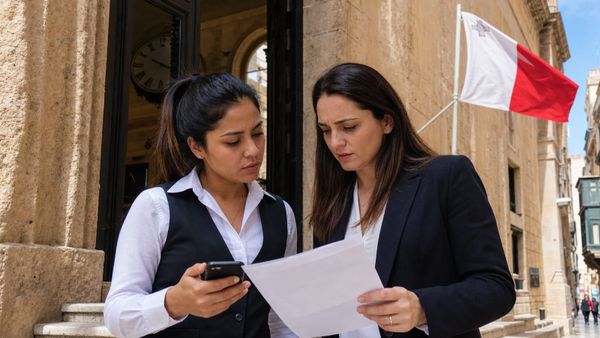 Trabalhadora estrangeira e advogada revisam documentos diante de edifício público em Valletta