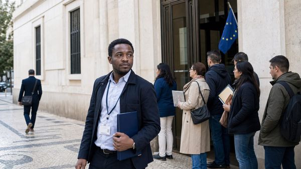 Trabalhador com documentos diante de uma fila em um serviço público de imigração em Portugal