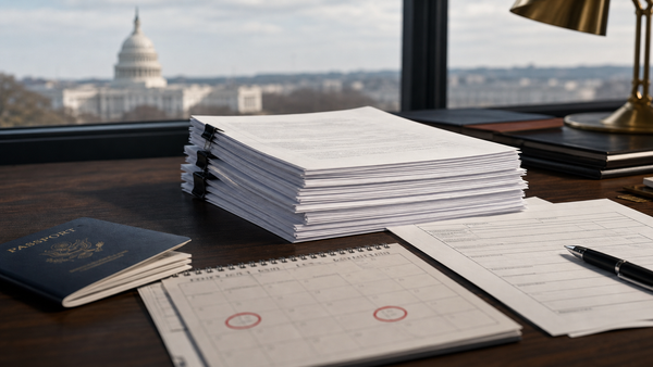 Documentos de imigração dos Estados Unidos e calendário sobre uma mesa, com o Capitólio ao fundo