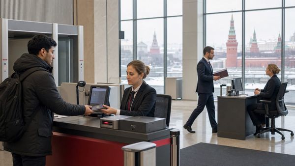 Estrangeiros passam por atendimento e controle documental em um centro migratório moderno de Moscou