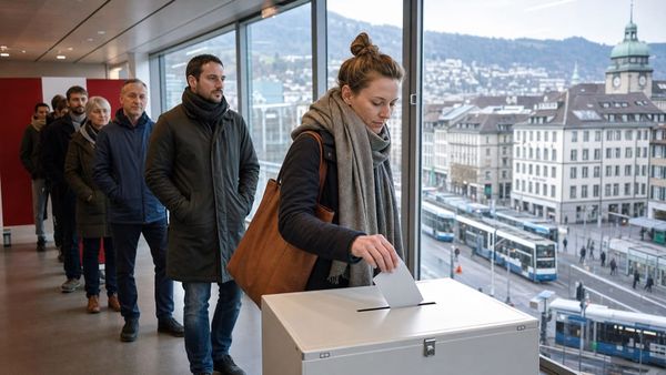 Eleitora deposita voto em urna durante consulta popular na Suíça