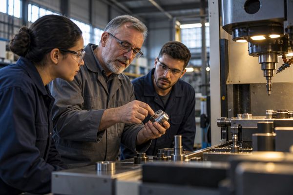 Engenheiro experiente orienta jovens profissionais em fábrica alemã