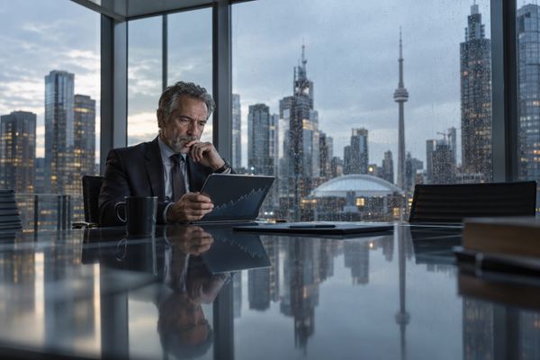 Economista observa gráficos de juros com a região financeira de Toronto ao fundo