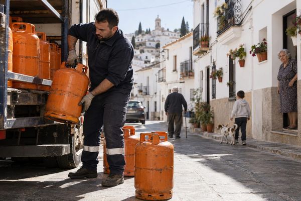 Entregador organiza botijões de gás em bairro residencial espanhol
