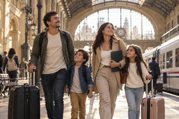 Família imigrante chega a uma estação ferroviária espanhola com documentos e malas