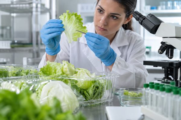 Especialista em segurança alimentar examina folhas de alface em laboratório