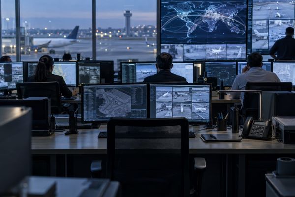 Sala de análise de segurança aeroportuária com agentes diante de painéis desfocados