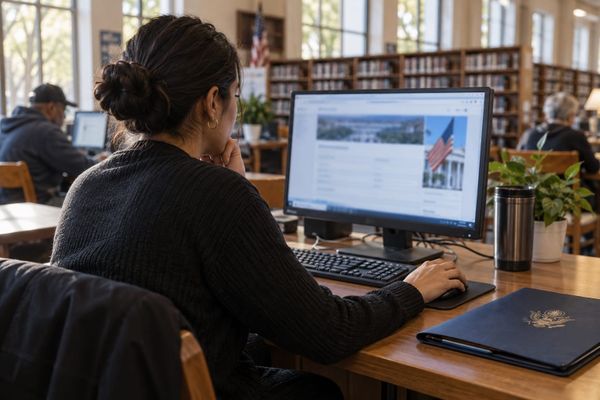 Eleitora naturalizada confere registro em computador de biblioteca pública americana