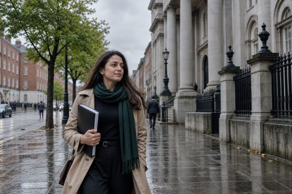 Moradora estrangeira caminha diante de prédios públicos em Dublin com pasta de documentos