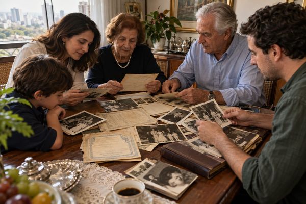 Família ítalo-brasileira organiza certidões antigas em mesa de casa