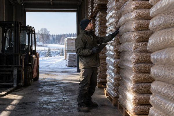 Trabalhador verifica estoque de pellets de madeira em depósito polonês