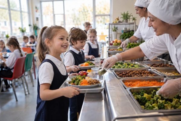Crianças escolhem refeição saudável em cantina escolar polonesa
