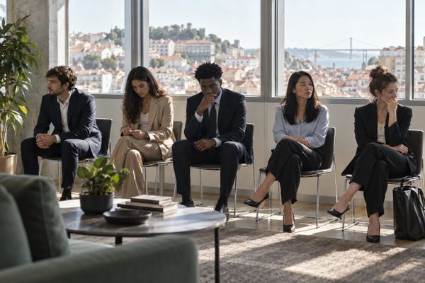 Jovens candidatos aguardam entrevista coletiva em escritório de Lisboa