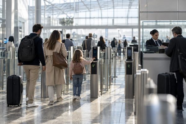 Viajantes passam por área de controle de passaportes em aeroporto europeu