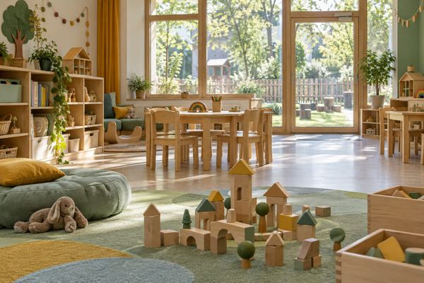 Sala de educação infantil com mesas baixas, blocos de madeira e janelas voltadas para um pátio verde, sem pessoas, em cena ilustrativa.