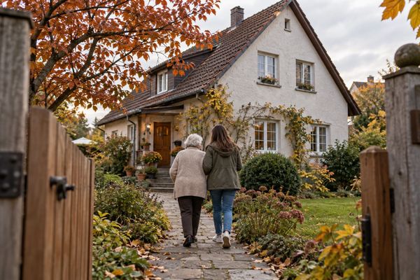 Duas mulheres de gerações diferentes caminham por um jardim de outono em direção a uma casa de telhado inclinado, em cena ilustrativa.