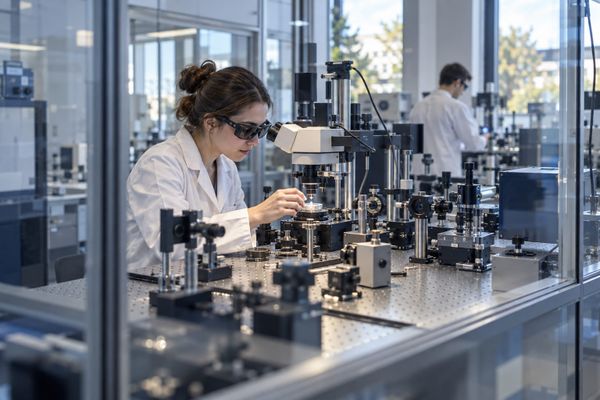 Pesquisadora observa uma amostra em bancada de laboratório com equipamentos ópticos, vista através de uma divisória de vidro, em cena ilustrativa.