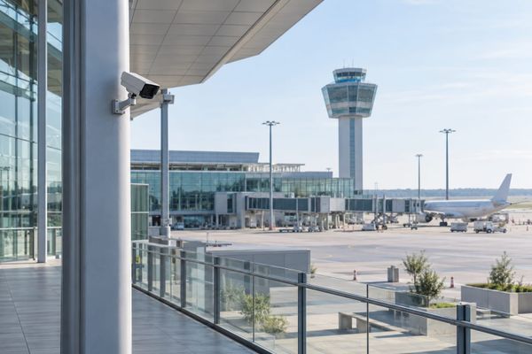 Câmera de segurança em pilar de aeroporto fictício, com torre de controle, terminal de vidro e avião distante sob céu claro.