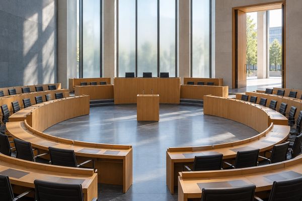 Plenário cívico fictício com bancadas semicirculares de madeira, cadeiras vazias e grandes janelas iluminadas, representando o debate legislativo alemão.
