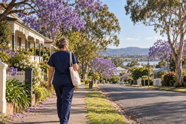 Profissional de saúde de uniforme azul caminha por uma rua residencial com jacarandás floridos, em cena australiana ilustrativa.