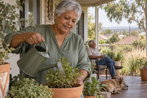 Mulher de cabelos grisalhos rega plantas na varanda de uma casa, com outro adulto e um cão ao fundo, em cena doméstica ilustrativa.