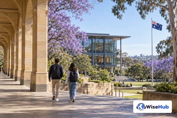 Estudantes adultos em campus australiano com jacarandás e bandeira; logo oficial da WiseHub no canto inferior direito.