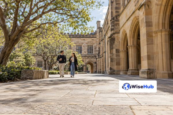Campus universitário australiano com estudantes ao ar livre, em ilustração fotorrealista com o logo oficial da WiseHub.