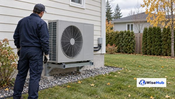 Ilustração fotorrealista de um técnico inspecionando uma bomba de calor residencial no Canadá, com o logo oficial da WiseHub.