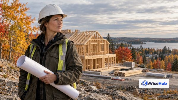 Cena ilustrativa de uma profissional da construção em obra residencial no Canadá, com árvores de outono e logo oficial da WiseHub.
