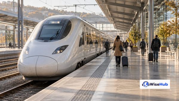 Imagem ilustrativa: trem de alta velocidade e passageiros em uma estação espanhola; logo oficial WiseHub.