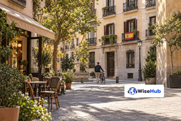 Edifícios residenciais e rua de Madrid em cena ilustrativa, com logo oficial da WiseHub no canto inferior direito.