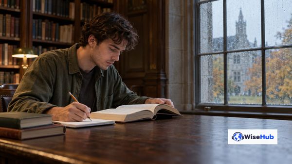 Ilustração fotorrealista de um estudante adulto lendo à mesa de uma biblioteca universitária, com o logo oficial da WiseHub.