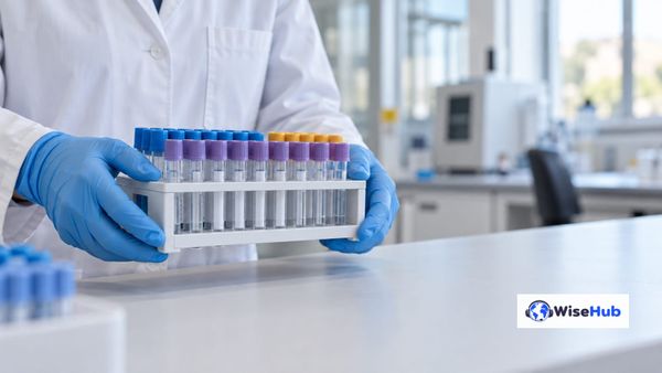 Ilustração fotorrealista de um profissional com luvas segurando tubos fechados em laboratório, com o logo oficial da WiseHub.