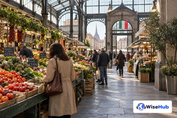 Mercado coberto italiano com bancas e compradores em cena ilustrativa; logo oficial da WiseHub no canto inferior direito.