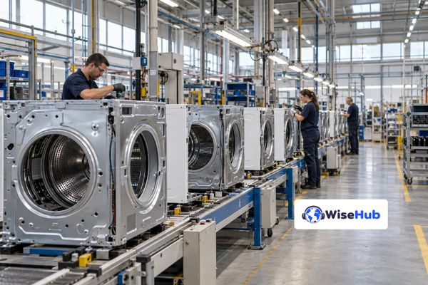 Linha de montagem de máquinas de lavar com trabalhadores em fábrica genérica, em ilustração fotorrealista com o logo oficial da WiseHub.