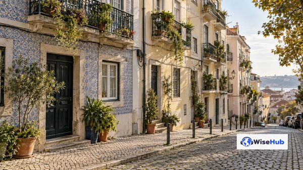 Ilustração fotorrealista de uma rua residencial portuguesa com fachadas de azulejos e calçada de pedra, com logo oficial da WiseHub.
