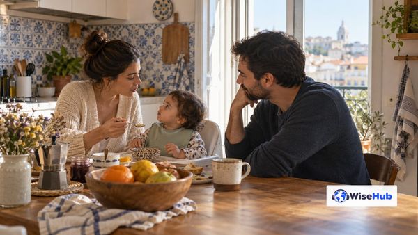 Imagem ilustrativa: família conversa à mesa de uma cozinha em Portugal; logo oficial WiseHub.