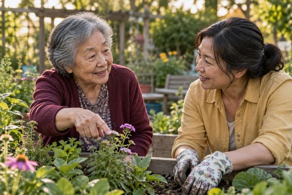 Duas mulheres de gerações diferentes conversam enquanto cuidam de flores em um canteiro elevado, em uma cena ilustrativa de convivência.