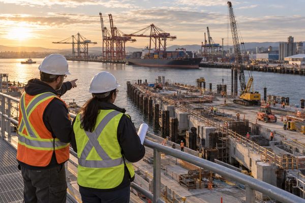 Dois trabalhadores com capacetes e coletes observam um canteiro portuário com guindastes e cais em construção, em cena ilustrativa.