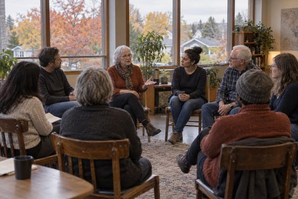 Adultos de diferentes idades conversam em uma roda de cadeiras numa sala comunitária com árvores de outono à janela, em cena ilustrativa.