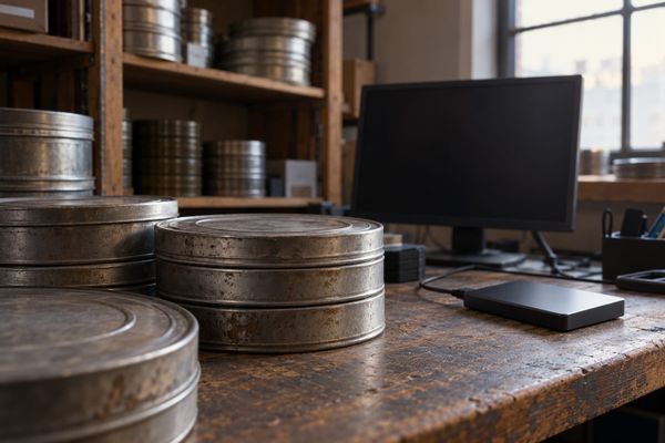 Latas de filmes e um disco rígido externo sobre bancada de madeira, com monitor apagado ao fundo, em cena ilustrativa de distribuição audiovisual.