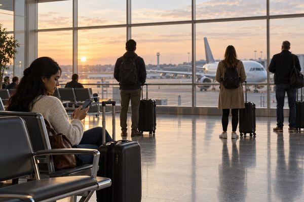 Viajante sentada com bagagem consulta o celular em um terminal aéreo tranquilo, com outros passageiros e um avião ao fundo, em cena ilustrativa.