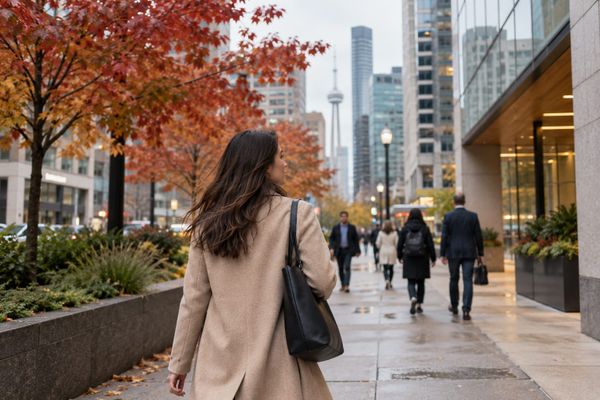 Mulher caminha por uma rua de Toronto com árvores de outono e edifícios de escritórios ao fundo.