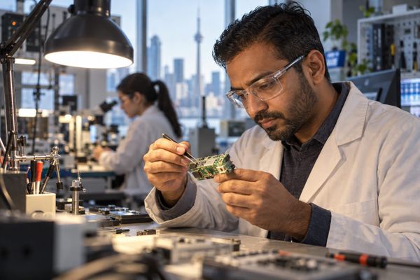 Engenheiro com óculos de proteção examina uma placa eletrônica sob uma luminária de bancada, com colega ao fundo, em laboratório ilustrativo.