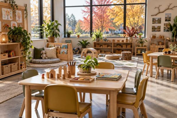 Sala infantil vazia com mesas de madeira, cadeiras pequenas e árvores de outono vistas pela janela, em cena ilustrativa.