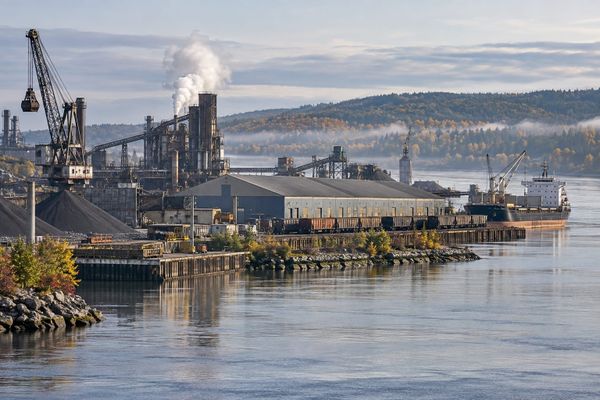 Instalações industriais, galpões e guindastes ao lado de um rio, sob luz fria de início da manhã no Canadá.